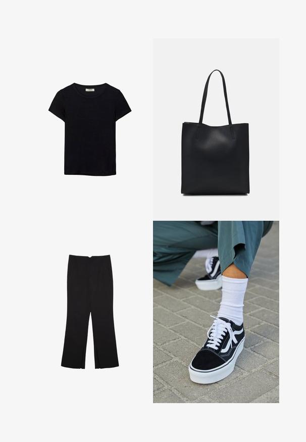Black short-sleeve t-shirt made of soft fabric. Features a classic crew neckline and a relaxed fit. No patterns or accents visible.; Black trousers with a straight fit, featuring front pockets and side slits at the hem. Made of soft, smooth fabric. Suitable for various occasions.; Black suede sneaker with white accents and laces, featuring a thick white sole and contrasting stitching, paired with a white sock.; Black leather tote bag with smooth texture, rectangular shape, and two long handles. No visible hardware or embellishments.