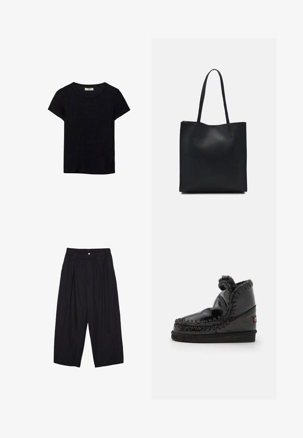 Czarna koszulka z krótkim rękawem, wykonana z miękkiego materiału. Posiada klasyczny okrągły dekolt i luźny krój. Brak widocznych wzorów lub akcentów.; Czarne spodnie culotte z poliestru z elastycznym pasem, dwoma fałdami z przodu i luźnym krojem. Brak widocznych wzorów lub elementów metalowych.; Mou ESKIMO 18 czarny; Czarna skórzana torba tote o gładkiej fakturze, prostokątnym kształcie i dwóch długich uchwytach. Brak widocznych elementów metalowych i ozdób.