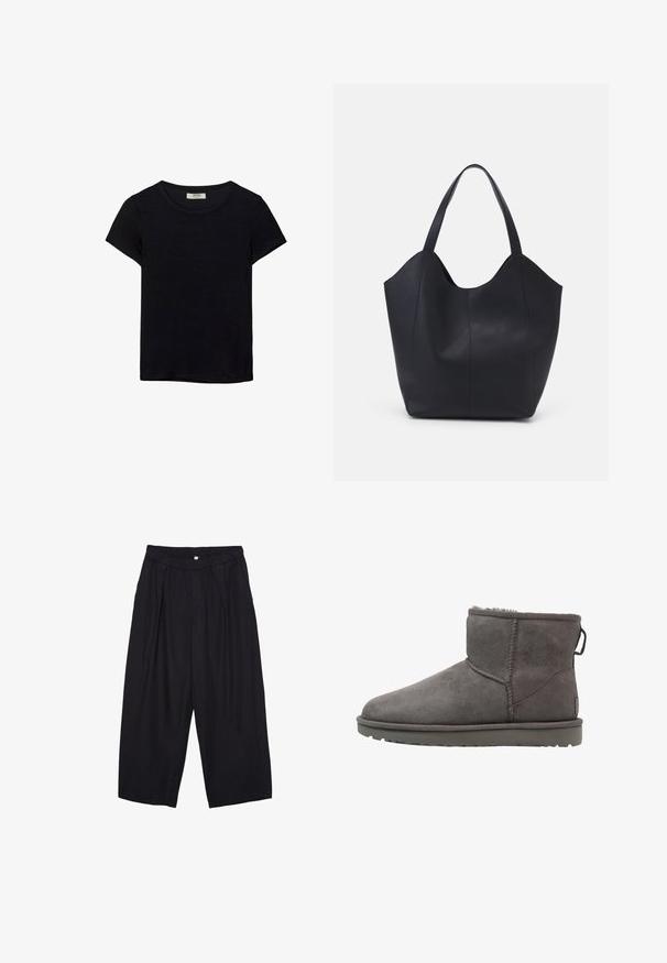 Czarna koszulka z krótkim rękawem, wykonana z miękkiego materiału. Posiada klasyczny okrągły dekolt i luźny krój. Brak widocznych wzorów lub akcentów.; Czarne spodnie culotte z poliestru z elastycznym pasem, dwoma fałdami z przodu i luźnym krojem. Brak widocznych wzorów lub elementów metalowych.; Szare zamszowe botki za kostkę z okrągłym noskiem, futerkiem wewnętrznym i płaską gumową podeszwą. Zawierają etykietę z logo oraz szwy. ; Czarna torba na ramię wykonana z gładkiej skóry, z zaokrąglonym, otwartym topem i dwoma paskami na ramię oraz minimalistycznym designem.