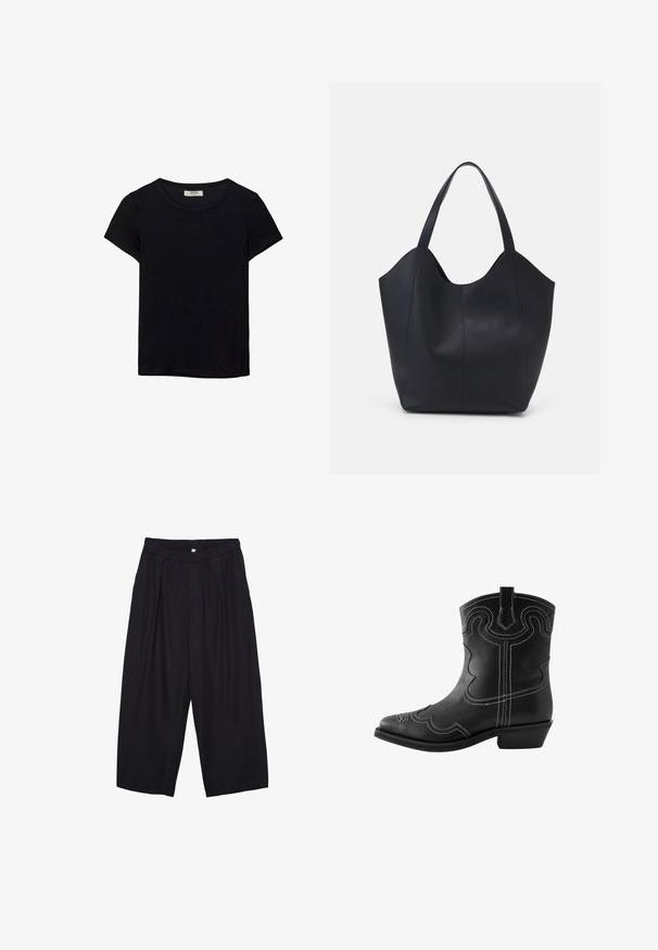 Černé tričko s krátkým rukávem vyrobené z měkké látky. Má klasický kulatý výstřih a volný střih. Žádné vzory nebo akcenty nejsou viditelné.; Černé polyesterové culotte kalhoty s elastickým pasem, dvěma předními sklady a volným siluetou. Žádné viditelné vzory ani kovové detaily.; Černé kožené kovbojské boty s bílým stehem, špičatou špičkou a dekorativními vlnitými vzory. Mají nízký podpatek a poutko pro snadné obouvání.; Černá taška přes rameno vyrobená z hladké kůže, s zakřiveným, otevřeným vrchem a dvěma ramenními popruhy, s minimalistickým designem.