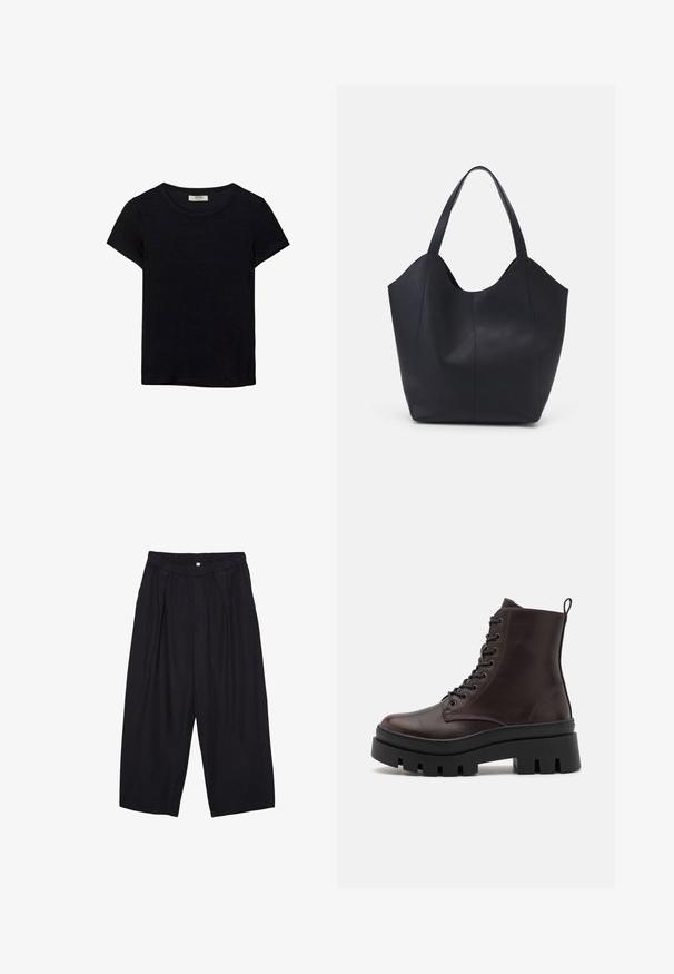 Czarna koszulka z krótkim rękawem, wykonana z miękkiego materiału. Posiada klasyczny okrągły dekolt i luźny krój. Brak widocznych wzorów lub akcentów.; Czarne spodnie culotte z poliestru z elastycznym pasem, dwoma fałdami z przodu i luźnym krojem. Brak widocznych wzorów lub elementów metalowych.; Brązowe skórzane botki za kostkę z zaokrąglonym noskiem, czarną masywną podeszwą i detalami w postaci sznurowania. Posiadają tylną pętlę ułatwiającą zakładanie.; Czarna torba na ramię wykonana z gładkiej skóry, z zaokrąglonym, otwartym topem i dwoma paskami na ramię oraz minimalistycznym designem.