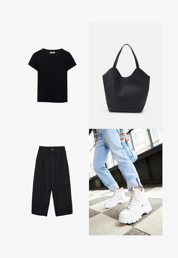 Czarna koszulka z krótkim rękawem, wykonana z miękkiego materiału. Posiada klasyczny okrągły dekolt i luźny krój. Brak widocznych wzorów lub akcentów.; Czarne spodnie culotte z poliestru z elastycznym pasem, dwoma fałdami z przodu i luźnym krojem. Brak widocznych wzorów lub elementów metalowych.; Białe, masywne sneakersy z grubą podeszwą, sznurowanym przodem i metką z logo. Noszone z jasnoniebieskimi spodniami jeansowymi podwiniętymi na wzorzystej podłodze.; Czarna torba na ramię wykonana z gładkiej skóry, z zaokrąglonym, otwartym topem i dwoma paskami na ramię oraz minimalistycznym designem.