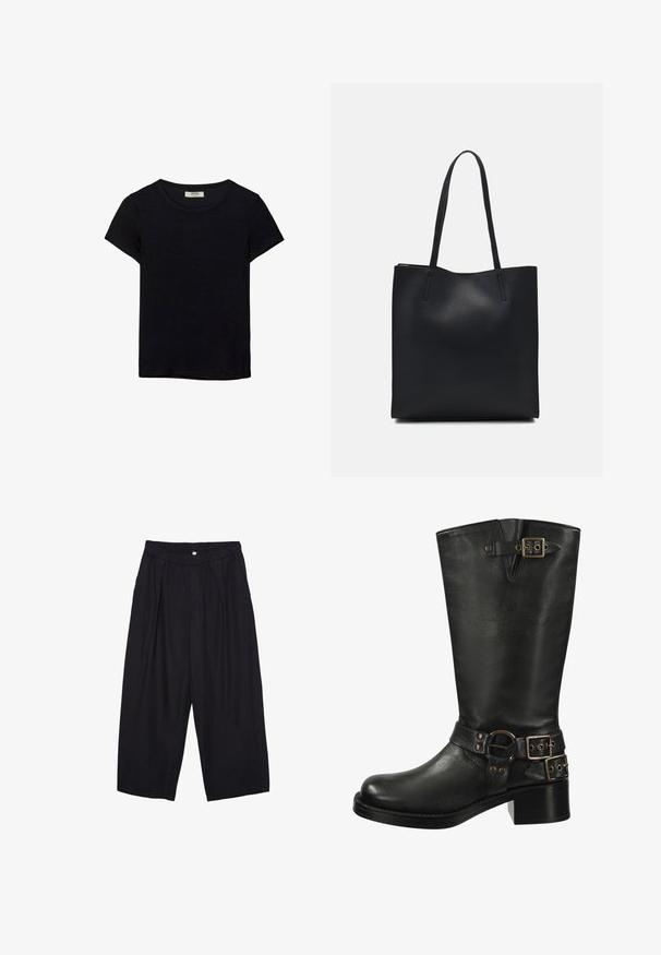 Czarna koszulka z krótkim rękawem, wykonana z miękkiego materiału. Posiada klasyczny okrągły dekolt i luźny krój. Brak widocznych wzorów lub akcentów.; Czarne spodnie culotte z poliestru z elastycznym pasem, dwoma fałdami z przodu i luźnym krojem. Brak widocznych wzorów lub elementów metalowych.; Czarne skórzane kozaki do kolan z okrągłym noskiem, konturowanym kształtem, podwójnymi klamrami i masywnym obcasem. Posiadają fakturowane wykończenie.; Czarna skórzana torba tote o gładkiej fakturze, prostokątnym kształcie i dwóch długich uchwytach. Brak widocznych elementów metalowych i ozdób.