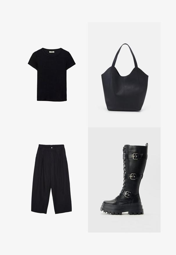 Čierne tričko s krátkym rukávom vyrobené z jemného materiálu. Má klasický okrúhly výstrih a voľný strih. Bez vzorov alebo akcentov.; Čierne polyesterové culotte nohavice s elastickým pásom, dvoma prednými záhybmi a voľným strihom. Žiadne viditeľné vzory ani detaily z kovu.; Vysoká čierna kožená bojová topánka s hrubou podrážkou, tromi nastaviteľnými prackami a detailom šnurovania vpredu na jednoduchom pozadí.; Čierna taška s dlhým uchom vyrobená z hladkej kože, s oblým otvoreným vrchom a dvoma ramennými popruhmi, minimalistického dizajnu.