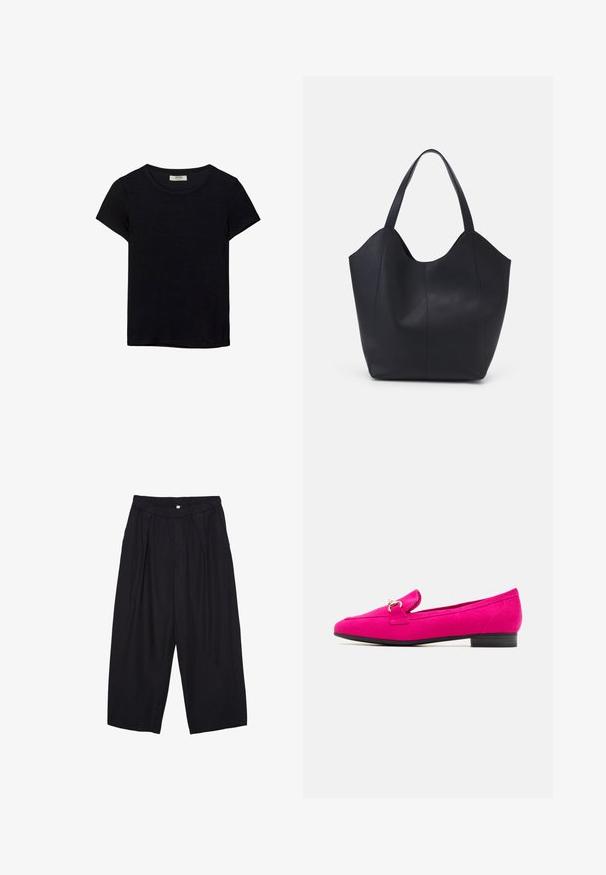 T-shirt nero a maniche corte realizzato in tessuto morbido. Presenta un classico collo rotondo e una vestibilità rilassata. Nessun motivo o accento visibile.; Pantaloni culotte neri in poliestere con una cintura elastica, due pieghe frontali e una silhouette ampia. Nessun motivo visibile o dettagli in metallo.; Mocassini in suede fucsia con tacco piatto nero, dotati di una fascia decorativa e un piccolo dettaglio con fibbia. Texture liscia e silhouette elegante.; Borsa tote nera realizzata in pelle liscia, con una parte superiore curva e aperta, dotata di due manici per spalla e un design minimalista.