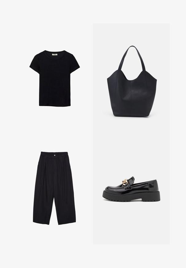 Schwarzes kurzärmeliges T-Shirt aus weichem Stoff. Mit klassischem Rundhalsausschnitt und lockerer Passform. Keine Muster oder Akzente sichtbar.; Schwarze Polyester-Culotte mit einem elastischen Bund, zwei vorderen Falten und einer lockeren Silhouette. Keine sichtbaren Muster oder Hardware-Details.; Schwarze Lacklederschuhe im Loafer-Stil mit einer klobigen schwarzen Sohle und goldenen Hardware-Details. Glatte Textur und runde Zehenform.; Schwarze Tote-Bag aus glattem Leder, mit einem abgerundeten, offenen Oberteil, zwei Schulterträgern und einem minimalistischen Design.