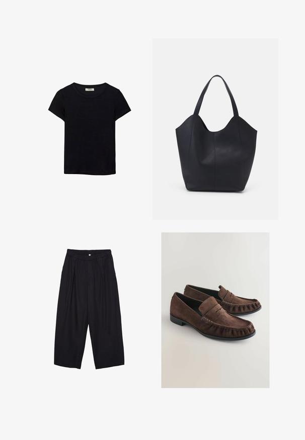 Čierne tričko s krátkym rukávom vyrobené z jemného materiálu. Má klasický okrúhly výstrih a voľný strih. Bez vzorov alebo akcentov.; Čierne polyesterové culotte nohavice s elastickým pásom, dvoma prednými záhybmi a voľným strihom. Žiadne viditeľné vzory ani detaily z kovu.; Hnedé semišové poltopánky s mäkkou textúrou, šitím v štýle mokasín a okrúhlou špičkou. Čierna gumová podrážka a preložený kožený detail na manžete.; Čierna taška s dlhým uchom vyrobená z hladkej kože, s oblým otvoreným vrchom a dvoma ramennými popruhmi, minimalistického dizajnu.