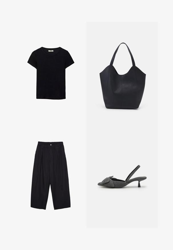 Čierne tričko s krátkym rukávom vyrobené z jemného materiálu. Má klasický okrúhly výstrih a voľný strih. Bez vzorov alebo akcentov.; Čierne polyesterové culotte nohavice s elastickým pásom, dvoma prednými záhybmi a voľným strihom. Žiadne viditeľné vzory ani detaily z kovu.; Sivá textilná lodička na opätku s úzkym špičatým nosom, so štýlovou mašľou na priehlavku a krátkym stiletto opätkom. Hladká textúra, minimalistický dizajn.; Čierna taška s dlhým uchom vyrobená z hladkej kože, s oblým otvoreným vrchom a dvoma ramennými popruhmi, minimalistického dizajnu.