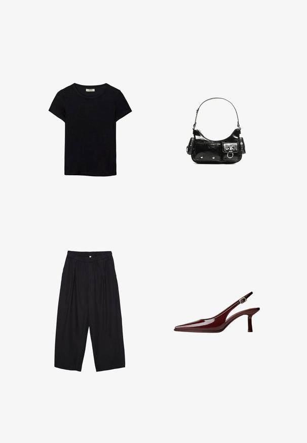 Čierne tričko s krátkym rukávom vyrobené z jemného materiálu. Má klasický okrúhly výstrih a voľný strih. Bez vzorov alebo akcentov.; Čierne polyesterové culotte nohavice s elastickým pásom, dvoma prednými záhybmi a voľným strihom. Žiadne viditeľné vzory ani detaily z kovu.; Bordová patentná koža slingback lodička s špicatou špičkou, stredne vysokým kitten podpätkom a strieborným prackovým pásikom na bielom pozadí.; Čierna laková kožená kabelka s ohnutým tvarom, jedným ramenným popruhom, prednými vreckami a striebornými kovovými doplnkami.