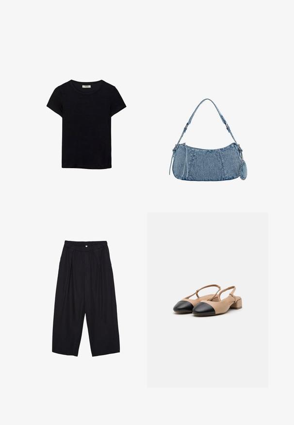 Sort kortærmet t-shirt lavet af blødt stof. Har en klassisk rund halsudskæring og en afslappet pasform. Ingen mønstre eller accenter synlige.; Sorte polyester culotte bukser med elastisk talje, to forpiber og en løs silhuet. Ingen synlige mønstre eller hardware detaljer.; Beige læder slingback sko med sort tophætte, blokhæle og justerbar rem. Glat tekstur og minimalistisk design.; Denim håndtaske med buet form, lyseblå farve, justerbar skulderrem og en lille aftagelig pung med metalliske detaljer.
