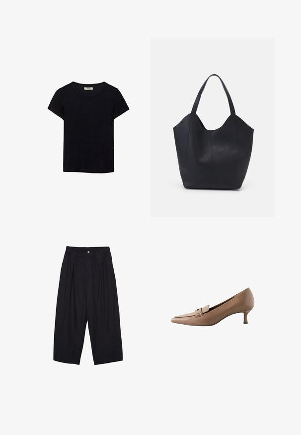 Schwarzes kurzärmeliges T-Shirt aus weichem Stoff. Mit klassischem Rundhalsausschnitt und lockerer Passform. Keine Muster oder Akzente sichtbar.; Schwarze Polyester-Culotte mit einem elastischen Bund, zwei vorderen Falten und einer lockeren Silhouette. Keine sichtbaren Muster oder Hardware-Details.; Beige Leder Pumproh mit spitz zulaufender Zehenpartie und kleinem Absatz, ausgestattet mit einem dekorativen Riemen und einer Schnalle über dem Spann. Glatte Textur, elegantes Design.; Schwarze Tote-Bag aus glattem Leder, mit einem abgerundeten, offenen Oberteil, zwei Schulterträgern und einem minimalistischen Design.