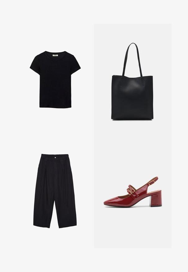 T-shirt noir à manches courtes en tissu doux. Il possède un col rond classique et une coupe décontractée. Aucun motif ni accent visible.; Pantalon culotte noir en polyester avec une taille élastique, deux plis avant et une silhouette ample. Pas de motifs visibles ni de détails matériels.; Chaussure slingback en cuir verni rouge avec un bout pointu, des brides à double boucle sur le devant et un épais talon bloc. Fini lisse et brillant.; Sac fourre-tout en cuir noir avec une texture lisse, de forme rectangulaire et deux longues poignées. Pas de matériel ou d'ornementations visibles.