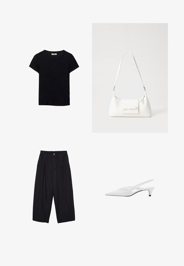 Schwarzes kurzärmeliges T-Shirt aus weichem Stoff. Mit klassischem Rundhalsausschnitt und lockerer Passform. Keine Muster oder Akzente sichtbar.; Schwarze Polyester-Culotte mit einem elastischen Bund, zwei vorderen Falten und einer lockeren Silhouette. Keine sichtbaren Muster oder Hardware-Details.; Weißer Slingback-Absatzschuh mit spitzer Zehenpartie, featuring ein glattes Obermaterial, subtile Ausschnitte und einen niedrigen Blockabsatz. Die schwarze Sohle betont das Design.; Weiße synthetische Handtasche in dreieckiger Form, flache Vorderklappe und Schleifendetail, verstellbarer Trageriemen, glatte Textur und minimalistisches Design.