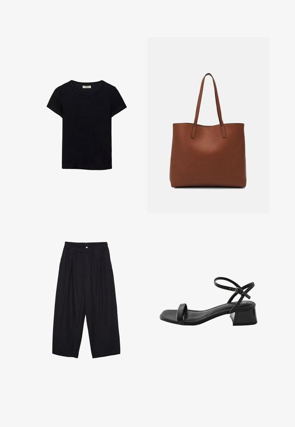 Schwarzes kurzärmeliges T-Shirt aus weichem Stoff. Mit klassischem Rundhalsausschnitt und lockerer Passform. Keine Muster oder Akzente sichtbar.; Schwarze Polyester-Culotte mit einem elastischen Bund, zwei vorderen Falten und einer lockeren Silhouette. Keine sichtbaren Muster oder Hardware-Details.; Next FOREVER COMFORT - REGULAR FIT - Riemensandalette - black; Braune Leder-Tote mit glatter Textur, offenem Oberteil und zwei Schulterriemen. Verfügt über minimale Nähte und keine sichtbaren Beschläge.