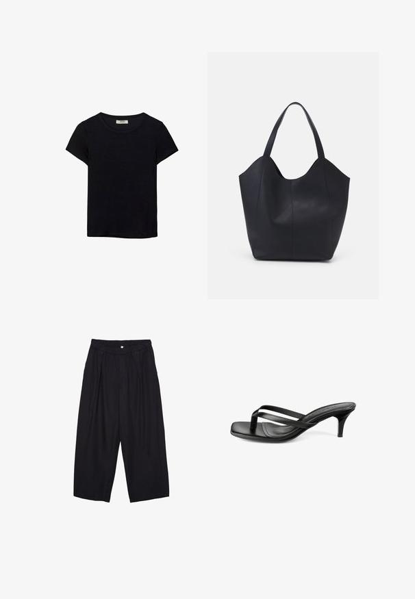 T-shirt noir à manches courtes en tissu doux. Il possède un col rond classique et une coupe décontractée. Aucun motif ni accent visible.; Pantalon culotte noir en polyester avec une taille élastique, deux plis avant et une silhouette ample. Pas de motifs visibles ni de détails matériels.; Sandale en cuir noir avec de fines lanières croisées, bout carré, semelle rembourrée et petit talon stiletto sur fond blanc.; Sac fourre-tout noir en cuir lisse, doté d'un haut ouvert et courbé avec deux brides d'épaule et un design minimaliste.