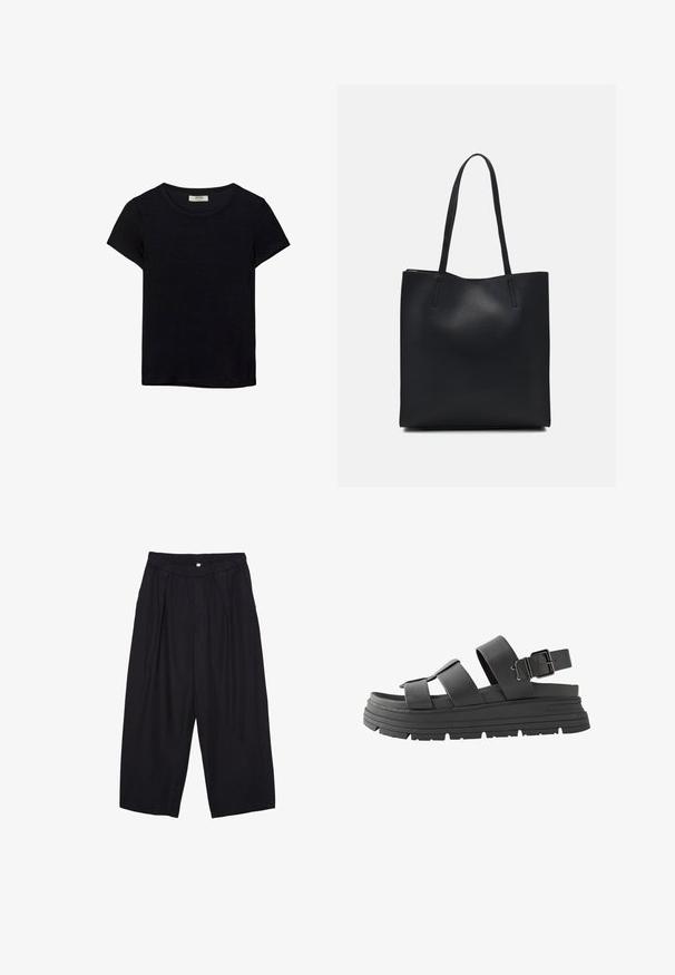 Schwarzes kurzärmeliges T-Shirt aus weichem Stoff. Mit klassischem Rundhalsausschnitt und lockerer Passform. Keine Muster oder Akzente sichtbar.; Schwarze Polyester-Culotte mit einem elastischen Bund, zwei vorderen Falten und einer lockeren Silhouette. Keine sichtbaren Muster oder Hardware-Details.; Schwarze Plateausandalen mit zwei verstellbaren Riemen und einer Schnalle. Hergestellt aus glattem Leder mit einer strukturierten Gummisohle.; Schwarze Laptoptasche aus Leder mit glatter Textur, rechteckiger Form und zwei langen Griffen. Keine sichtbaren Beschläge oder Verzierungen.