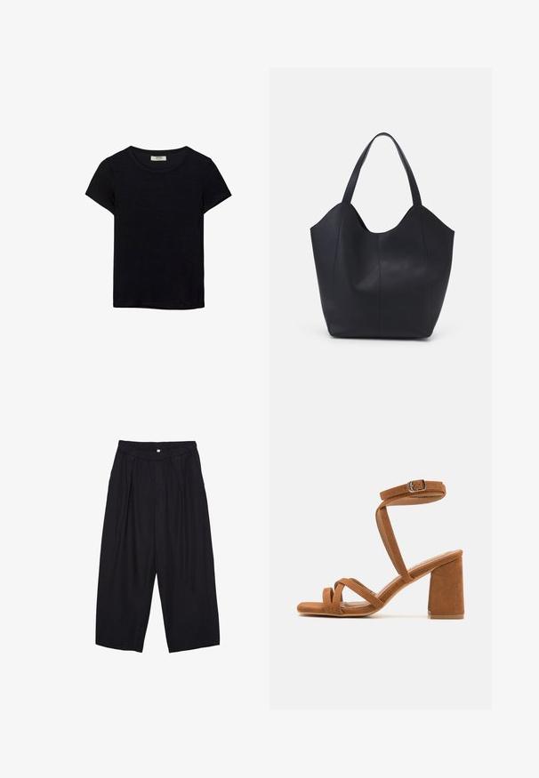 Černé tričko s krátkým rukávem vyrobené z měkké látky. Má klasický kulatý výstřih a volný střih. Žádné vzory nebo akcenty nejsou viditelné.; Černé polyesterové culotte kalhoty s elastickým pasem, dvěma předními sklady a volným siluetou. Žádné viditelné vzory ani kovové detaily.; Hnědé sandály na podpatku z umělé semišové kůže s širokým blokovým podpatkem, několika křížovými popruhy a nastavitelnou přezkou na kotníku. Měkká textura, otevřená špička.; Černá taška přes rameno vyrobená z hladké kůže, s zakřiveným, otevřeným vrchem a dvěma ramenními popruhy, s minimalistickým designem.