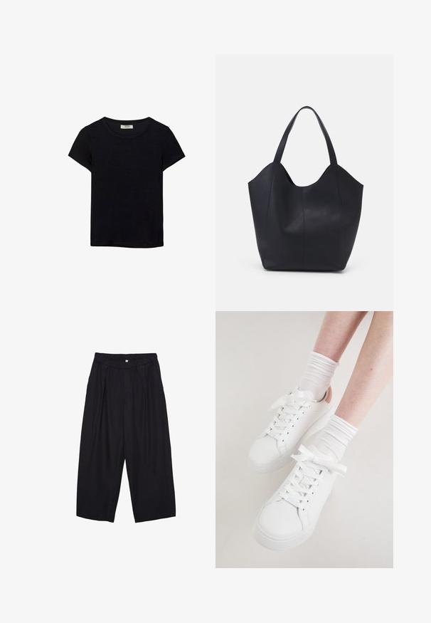 Schwarzes kurzärmeliges T-Shirt aus weichem Stoff. Mit klassischem Rundhalsausschnitt und lockerer Passform. Keine Muster oder Akzente sichtbar.; Schwarze Polyester-Culotte mit einem elastischen Bund, zwei vorderen Falten und einer lockeren Silhouette. Keine sichtbaren Muster oder Hardware-Details.; Weiße Ledersneaker mit einer runden Zehenform, flacher Sohle und dicken Schnürsenkeln. Akzentuiert mit einer hellrosa Ferse und getragen mit weißen gerippten Socken.; Schwarze Tote-Bag aus glattem Leder, mit einem abgerundeten, offenen Oberteil, zwei Schulterträgern und einem minimalistischen Design.