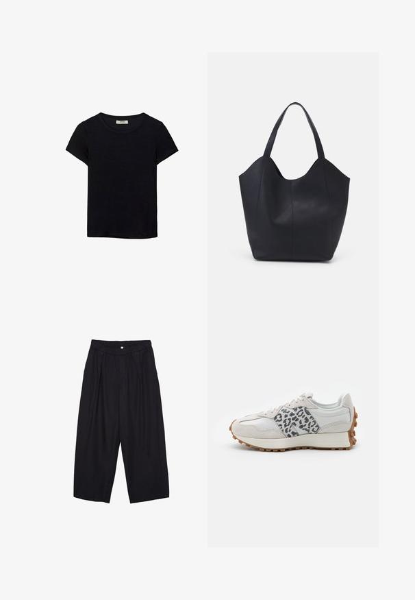 Čierne tričko s krátkym rukávom vyrobené z jemného materiálu. Má klasický okrúhly výstrih a voľný strih. Bez vzorov alebo akcentov.; Čierne polyesterové culotte nohavice s elastickým pásom, dvoma prednými záhybmi a voľným strihom. Žiadne viditeľné vzory ani detaily z kovu.; Biele tenisky s akcentmi v šedom leopardom vzore, z kože a semišu, textúrovanou podrážkou s gumovou podrážkou, okrúhlou špičkou a šnurovacím dizajnom.; Čierna taška s dlhým uchom vyrobená z hladkej kože, s oblým otvoreným vrchom a dvoma ramennými popruhmi, minimalistického dizajnu.