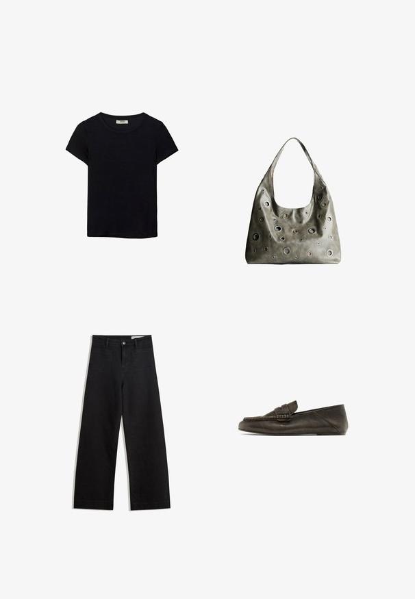 Sort kortærmet t-shirt lavet af blødt stof. Har en klassisk rund halsudskæring og en afslappet pasform. Ingen mønstre eller accenter synlige.; Sorte wide-leg denim bukser med høj talje, der har front- og baglommer, syede sømme og en knaplukning. Glat tekstur.; Mørkebrune læder loafers med en flad sål, der har et vævet design på fronten og en glat tekstur. Subtile stikninger langs kanterne.; Oliven grøn læderhåndtaske med et slouchy design, der har forskellige størrelser af cirkulære udskæringer og accenter i mørkere og lysere nuancer.
