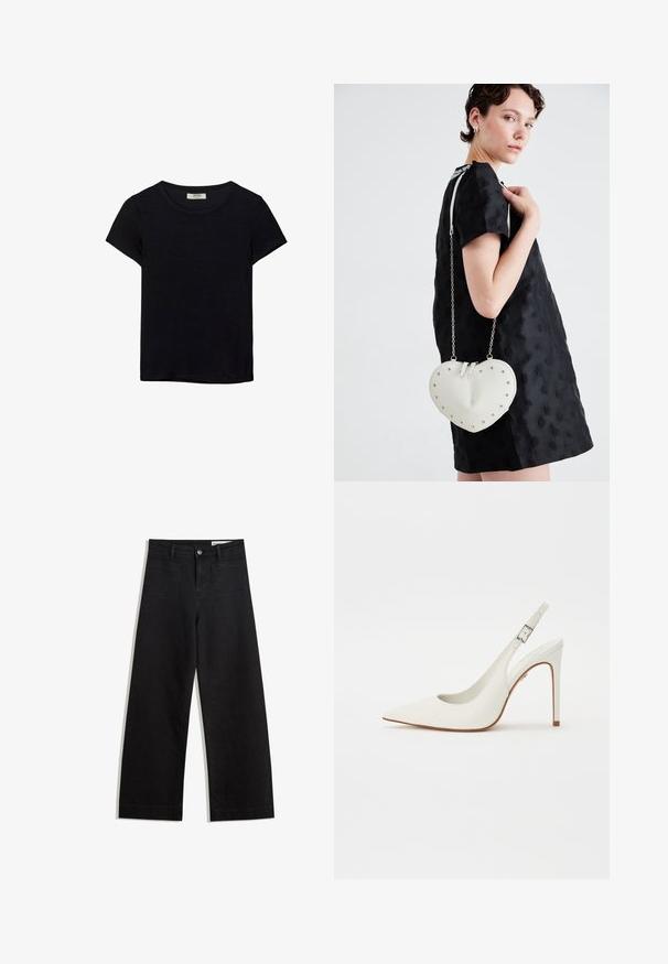 Črna kratkotrajna majica s kratkimi rokavi, narejena iz mehkega materiala. Ima klasičen krožni izrez in sproščen kroj. Ni vidnih vzorcev ali dodatkov.; Črne široke denim hlače z visokim pasom, ki imajo sprednje in zadnje žepe, šivane šive ter gumbasto zapiranje. Gladka tekstura.; Beli slingback pump z zaostrenim nosom, izdelan iz gladke usnjene površine, z ožjim visokim peto in nastavljivim trakcem z zaponko. Oblikovanje z odprtim hrbtom.; Torba v obliki srca, bela, s srebrnimi studenčki, gladke teksture in verižnim ročajem. Nošena čez črno teksturirano obleko, kar prikazuje njen edinstven dizajn.