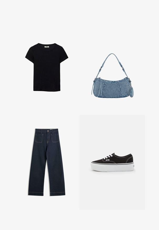 Black short-sleeve t-shirt made of soft fabric. Features a classic crew neckline and a relaxed fit. No patterns or accents visible.; Dark blue wide-leg jeans made of denim with contrasting tan stitching, two back pockets, and a button closure at the waist.; Black canvas sneaker with a white rubber platform sole, featuring white laces and stitching, iconic branding on side, low-top design.; Denim handbag with a curved shape, light blue color, adjustable shoulder strap, and a small detachable pouch with metallic accents.