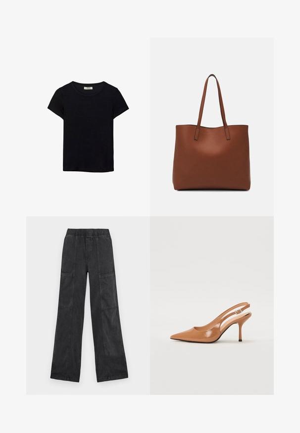 Svart t-shirt med kort ärm, tillverkad av mjukt tyg. Har en klassisk rund halsringning och en avslappnad passform. Inga mönster eller detaljer synliga.; Svarta vida byxor i denim med elastisk midja och flera utvändiga fickor för funktionalitet. Slät yta och rak passform.; Tåspets slingback-häl i ett slätt, glansigt brunt material. Har en kurvad utskärning och en smal stilettklack. Silverdetalj med spänne.; Brun läder tote-väska med en slät textur, öppen toppdesign och två axelremmar. Har minimal söm och ingen synlig metalldetalj.
