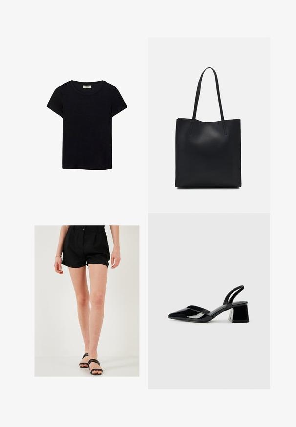 Črna kratkotrajna majica s kratkimi rokavi, narejena iz mehkega materiala. Ima klasičen krožni izrez in sproščen kroj. Ni vidnih vzorcev ali dodatkov.; Črne lanene kratke hlače s krojem po meri, ki imajo sprednje naborke in en gumb za zapiranje. Ujemajo se s črnimi natikači.; Črne lakirane slingback pete s koničastim nosom in geometrijsko blokasto peto. Imajo eleganten, minimalističen dizajn in gladko teksturo.; Črna usnjena torba s svilnato teksturo, pravokotne oblike in dvema dolgima ročajema. Brez vidnih metalnih delov ali okrasnih elementov.