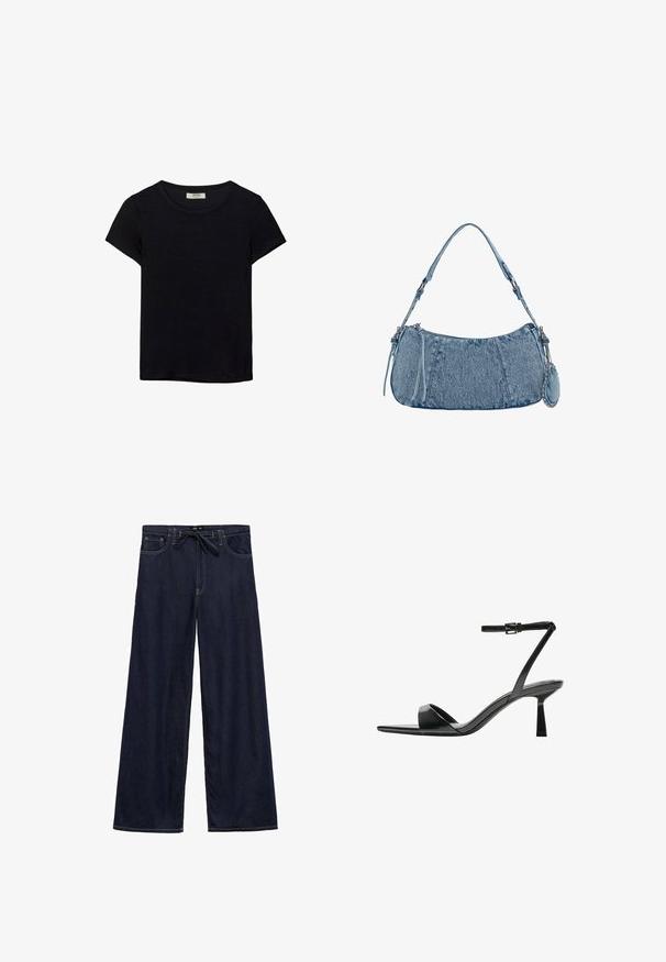 Črna kratkotrajna majica s kratkimi rokavi, narejena iz mehkega materiala. Ima klasičen krožni izrez in sproščen kroj. Ni vidnih vzorcev ali dodatkov.; Široke temno modre denim hlače z elastičnim pasom, okrašene z rumenim šivom in zasnovo s petimi žepi.; Bershka Sandali z visoko peto - black; Denim torbica s zakrivljenim oblikom, svetlo modre barve, nastavljivim naramnicam in majhno odstranitveno torbico z metalnimi detajli.