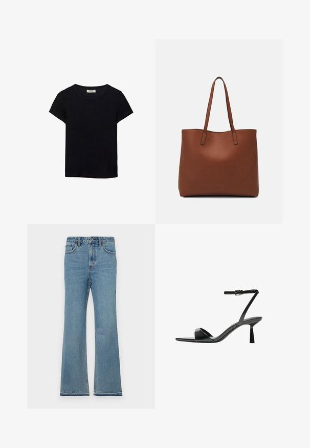 Čierne tričko s krátkym rukávom vyrobené z jemného materiálu. Má klasický okrúhly výstrih a voľný strih. Bez vzorov alebo akcentov.; Svetlo modré rifľové nohavice s rozšírenými nohavicami, vysokým pásom, dizajnom s piatimi vreckami, jemným prešúchaním a prešitím pozdĺž švov.; Bershka Sandále na vysokom opätku - black; Hnedá kožená taška na rameno s hladkou textúrou, otvoreným vrchom a dvoma ramenými popruhmi. Má minimálne šitia a žiadne viditeľné kovania.