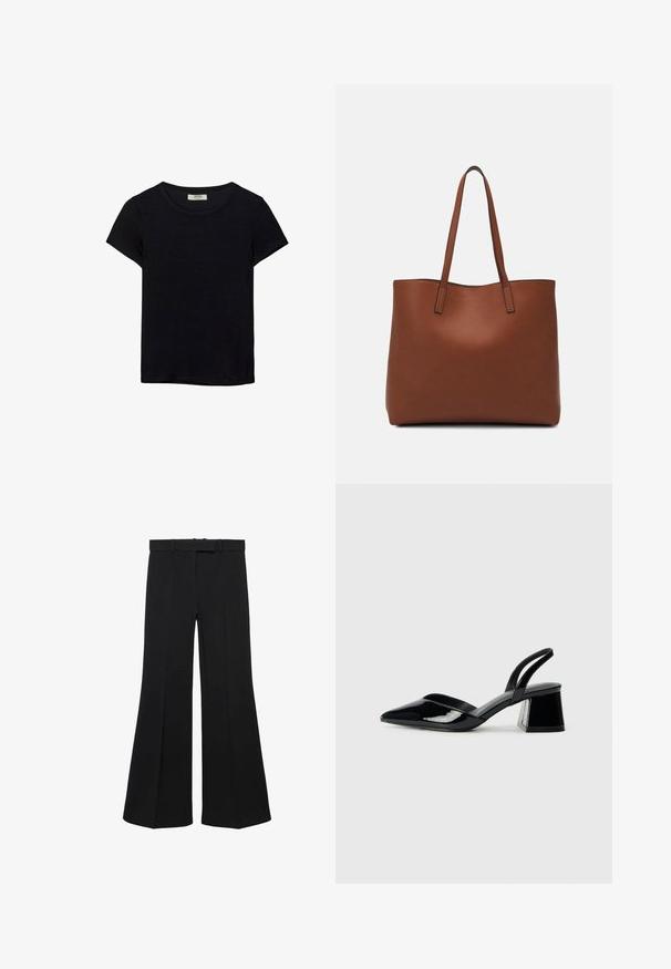 Černé tričko s krátkým rukávem vyrobené z měkké látky. Má klasický kulatý výstřih a volný střih. Žádné vzory nebo akcenty nejsou viditelné.; Černé kalhoty s širokými nohavicemi, vysokým pasem, strukturovaným designem a předními záhyby. Vyrobeno z hladkého materiálu s diskrétním pasem a poutky na opasek.; Černé lakované kožené lodičky na pásku s špičatou špičkou a geometrickým blokovým podpatkem. Vyznačují se elegantním, minimalistickým designem a hladkým povrchem.; Hnědá kožená taška přes rameno s hladkou texturou, otevřeným designem a dvěma ramenními popruhy. Obsahuje minimální švy a žádné viditelné kovové prvky.