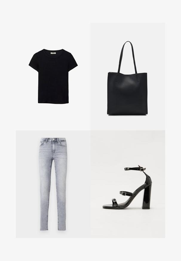 Czarna koszulka z krótkim rękawem, wykonana z miękkiego materiału. Posiada klasyczny okrągły dekolt i luźny krój. Brak widocznych wzorów lub akcentów.; Jasnoszare obcisłe dżinsy wykonane z denimu, z wysokim stanem, paskami na pasek oraz klasycznym pięciopocketowym fasonem z delikatnym wytarciem.; Czarne lakierowane sandały na obcasie z kwadratowym noskiem, z paskami wokół kostki i srebrnymi klamrami. Posiadają masywny słupek dla stabilności.; Czarna skórzana torba tote o gładkiej fakturze, prostokątnym kształcie i dwóch długich uchwytach. Brak widocznych elementów metalowych i ozdób.