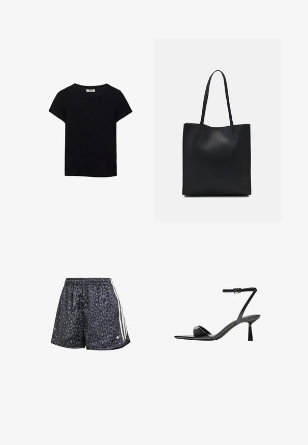Črna kratkotrajna majica s kratkimi rokavi, narejena iz mehkega materiala. Ima klasičen krožni izrez in sproščen kroj. Ni vidnih vzorcev ali dodatkov.; Črne kratke hlače z vzorcem leoparda, elastičnim pasom in tremi belimi navpičnimi črtami ob straneh.; Bershka Sandali z visoko peto - black; Črna usnjena torba s svilnato teksturo, pravokotne oblike in dvema dolgima ročajema. Brez vidnih metalnih delov ali okrasnih elementov.