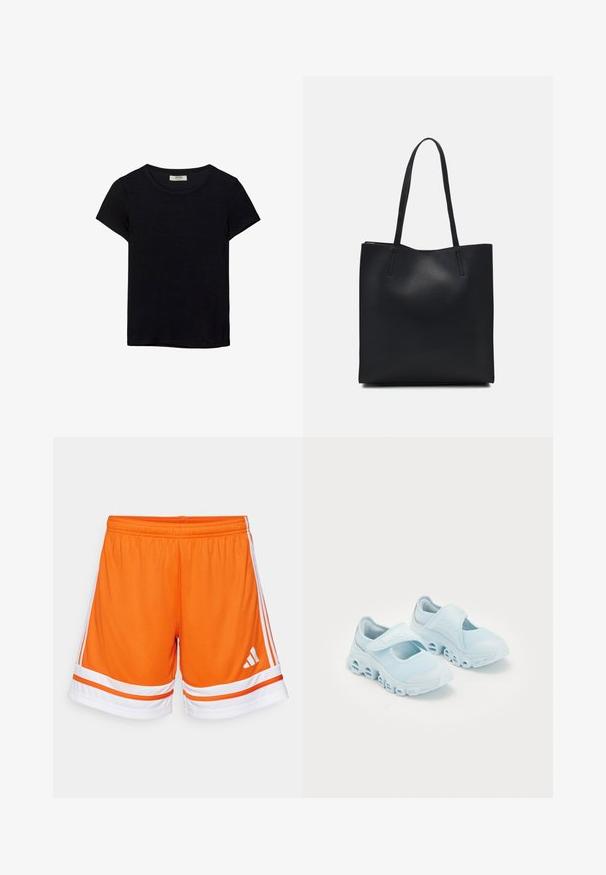 T-shirt noir à manches courtes en tissu doux. Il possède un col rond classique et une coupe décontractée. Aucun motif ni accent visible.; Shorts de sport orange avec un tissu texturé, des accents blancs et trois bandes blanches sur les côtés. Taille élastique pour plus de confort.; Baskets bleu clair avec un tissu en maille, des découpes prononcées dans la semelle, et une sangle auto-agrippante sur le dessus pour un maintien sécurisé.; Sac fourre-tout en cuir noir avec une texture lisse, de forme rectangulaire et deux longues poignées. Pas de matériel ou d'ornementations visibles.