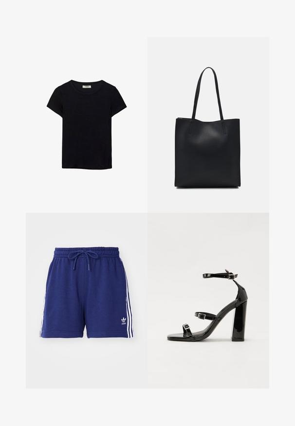 Čierne tričko s krátkym rukávom vyrobené z jemného materiálu. Má klasický okrúhly výstrih a voľný strih. Bez vzorov alebo akcentov.; Námornícke modré športové šortky s nastaviteľným pásom, s bielymi bočnými pruhmi a vyšitým logom na dolnom ľavom okraji. Mäkkučký textil.; Čierne lakované sandále na podpätku so štvorcovou špičkou, navlečenými remienkami okolo členku a striebornými prackami. Disponujú masívnym blokovým podpätkom pre stabilitu.; Čierna kožená taška na rameno s hladkým povrchom, obdĺžnikovým tvarom a dvoma dlhými uchami. Bez viditeľného kovania alebo ozdôb.