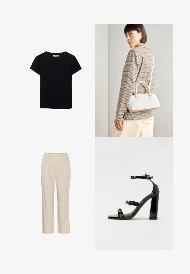 Črna kratkotrajna majica s kratkimi rokavi, narejena iz mehkega materiala. Ima klasičen krožni izrez in sproščen kroj. Ni vidnih vzorcev ali dodatkov.; Bež, lahki hlače širokega kroja, narejene iz teksturirane tkanine, z elastičnim pasom in brez vidnih zapiranj.; Črne lakirane sandale s peto, kvadratnim prstom, trakovi okrog gležnja in srebrnimi zaponkami. Opremljene so s stabilno Debelo peto.; Bela strukturirana torba z kratkimi ročaji in naramnim trakom, z zlatimi okrasnimi elementi in teksturiranim materialom, prikazana na sivi podlagi.
