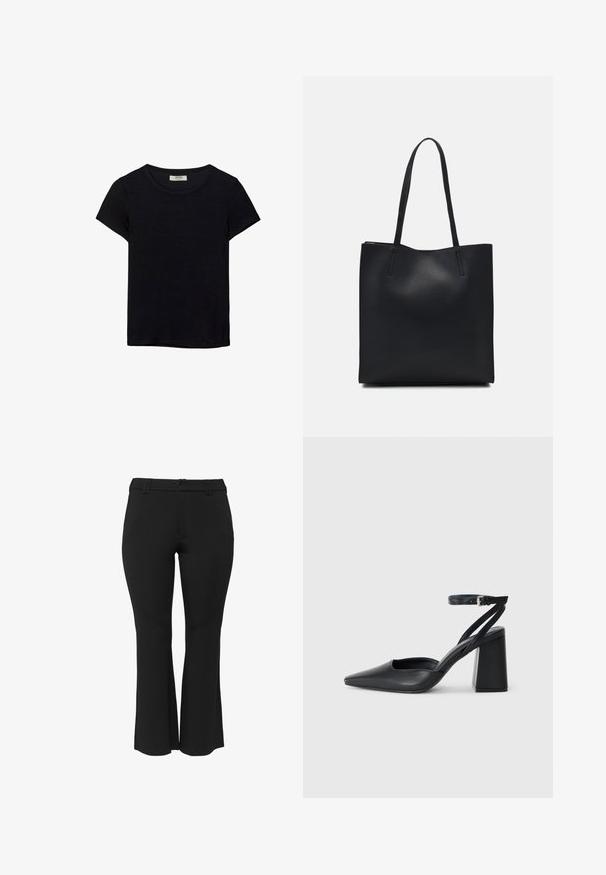 T-shirt noir à manches courtes en tissu doux. Il possède un col rond classique et une coupe décontractée. Aucun motif ni accent visible.; Pantalons noirs ajustés avec une base évasée, texture lisse, fermeture éclair et passants de ceinture. Pas de motifs ou d'accents visibles.; Escarpin noir en cuir à bout pointu avec une bride de cheville et un talon épais. Texture lisse, design élégant et esthétique minimaliste.; Sac fourre-tout en cuir noir avec une texture lisse, de forme rectangulaire et deux longues poignées. Pas de matériel ou d'ornementations visibles.