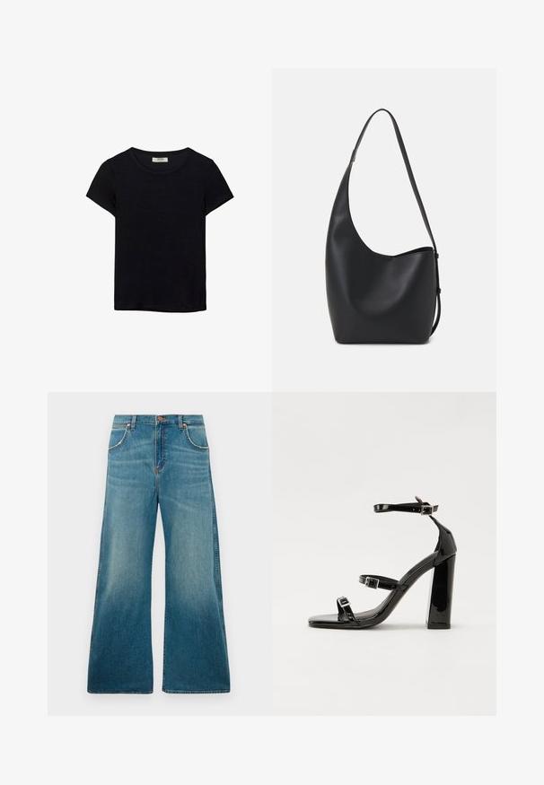 Crna majica kratkih rukava od mekanog materijala. Ima klasični okrugli izrez i opušteni kroj. Bez vidljivih uzoraka ili akcenta.; Traperice s visokim strukom u plavoj boji, širokih nogavica, prednjim džepovima, kopčanjem na dugme i izblijedjelim gradijentom boje od struka do donjeg ruba.; Crne lakirane sandale na pete sa kvadratnim nosom, trakama oko gležnja i srebrnim kopčama. Imaju čvrst blok petu za stabilnost.; Crna kožna hobo torba s glatkom teksturom, zakrivljenim oblikom i jednom podesivom trakicom; ima širok otvor na vrhu.