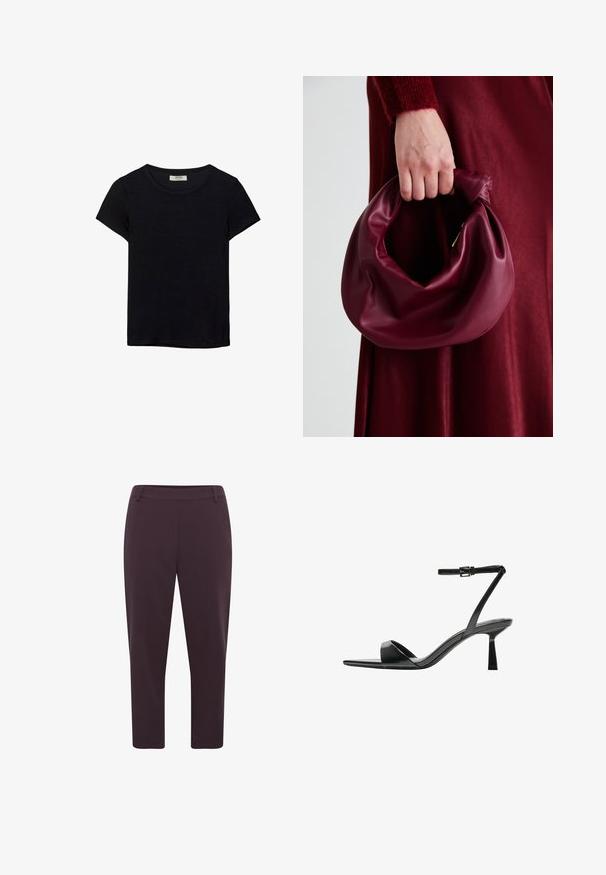 T-shirt nero a maniche corte realizzato in tessuto morbido. Presenta un classico collo rotondo e una vestibilità rilassata. Nessun motivo o accento visibile.; Pantaloni viola scuro con vestibilità dritta, lunghezza cropped e tessuto liscio. Presentano una vita piatta e nessun gancio visibile.; Bershka Sandali con tacco - black; Borsa in pelle bordeaux con un design morbido e arricciato e una forma arrotondata. Il manico è fissato, mostrando una texture liscia.; Orecchini in metallo color oro con un design astratto ovale connesso, caratterizzati da una finitura lucida e dettagli a taglio aperto.