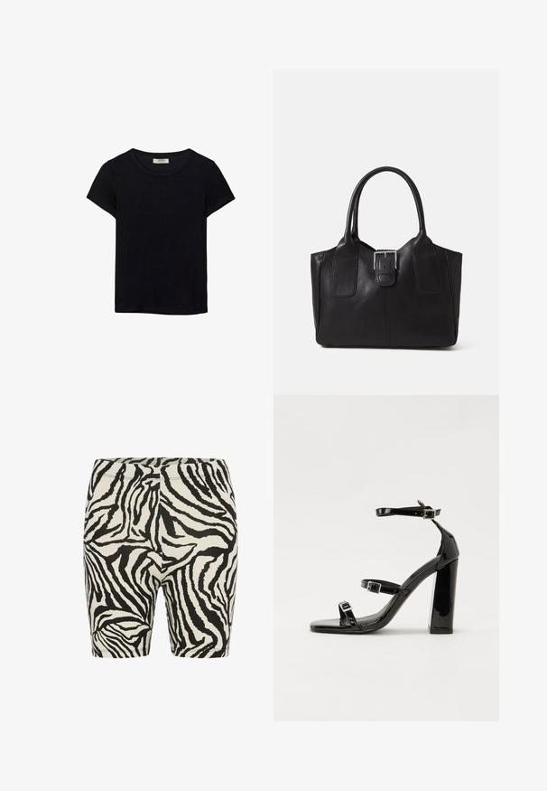 Črna kratkotrajna majica s kratkimi rokavi, narejena iz mehkega materiala. Ima klasičen krožni izrez in sproščen kroj. Ni vidnih vzorcev ali dodatkov.; Kratke legice s črno-belim ujemanjem zebre, gladke teksture, z elastičnim pasom in prilegajočim dizajnom, primerne za vsakodnevno nošenje ali telovadbo.; Črne lakirane sandale s peto, kvadratnim prstom, trakovi okrog gležnja in srebrnimi zaponkami. Opremljene so s stabilno Debelo peto.; Črna usnjena torba s gladko teksturo, strukturirano obliko, dvema ročkama in izrazitim srebrnim sponko na sprednji strani.