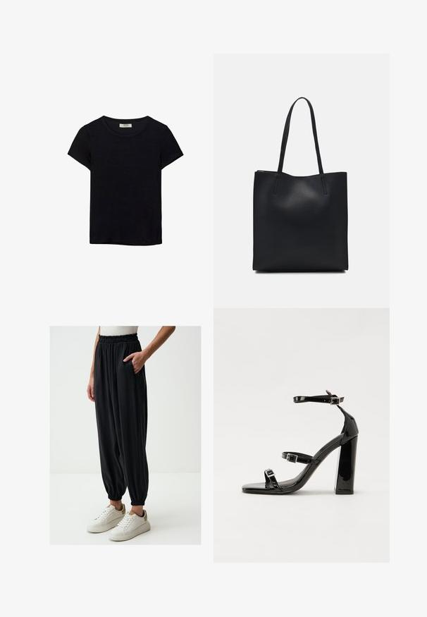 Schwarzes kurzärmeliges T-Shirt aus weichem Stoff. Mit klassischem Rundhalsausschnitt und lockerer Passform. Keine Muster oder Akzente sichtbar.; Schwarze, locker sitzende Hosen mit elastischem Bund und seitlichen Taschen, die am Knöchel schmaler zulaufen, kombiniert mit weißen Sneakers.; Schwarze patentierte Sandalen mit Absatz, quadratischer Spitze, Knöchelriemen und silbernen Schnallen. Mit einem stabilen Blockabsatz für mehr Stabilität.; Schwarze Laptoptasche aus Leder mit glatter Textur, rechteckiger Form und zwei langen Griffen. Keine sichtbaren Beschläge oder Verzierungen.