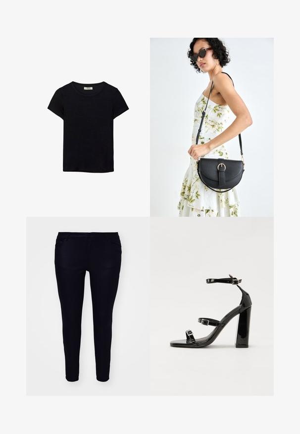 Črna kratkotrajna majica s kratkimi rokavi, narejena iz mehkega materiala. Ima klasičen krožni izrez in sproščen kroj. Ni vidnih vzorcev ali dodatkov.; Črne usnjene skinny kavbojke z gladko teksturo, ki vključujejo klasičen dizajn s petimi žepi in zadrgo.; Črne lakirane sandale s peto, kvadratnim prstom, trakovi okrog gležnja in srebrnimi zaponkami. Opremljene so s stabilno Debelo peto.; Črna usnjena torbica s ukrivljeno obliko, z odstranljivo naramnico in zlatimi dodatki. Torbica ima pokrov s podrobnostmi v obliki zaponke.