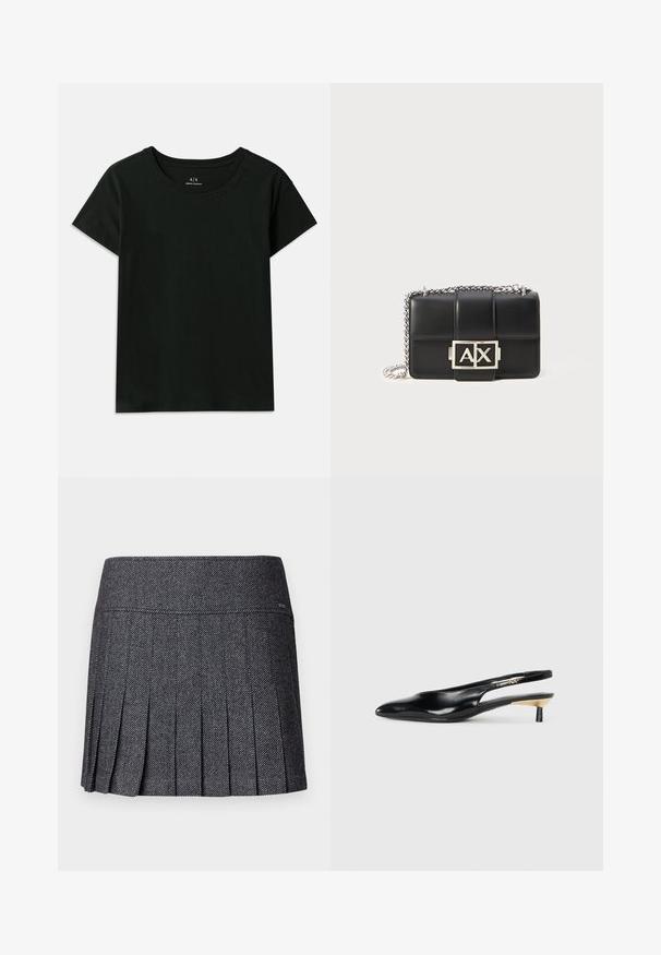 Svart kortermet T-skjorte laget av bomull. Har rund hals og preget "Armani Exchange"-tekst langs skulderen. Enkel design.; Plissert skjørt i mørkegrått stoff med fiskebeinsmønster. Har en glatt midjebånd og en rett kant, som gir et strukturert utseende.; Sorte slingback pumps med spiss tå, glanset skinnfinish og en liten hæl med gullakcent. Elegant design med åpen bak.; Svart lærveske med quiltet design, sølvkjedehank og et fremtredende sølv "AX"-logo foran. Kompakt rektangulær form.
