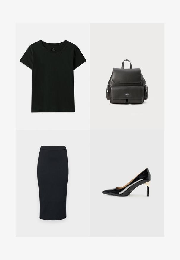 Tricou scurt negru din bumbac. Prezintă un guler tip crew neck și textul embosat "Armani Exchange" pe umăr. Design simplu.; Armani Exchange GONNA - Fustă tip creion - black; Pantofii cu toc înalt din piele patent neagră, cu vârf ascuțit și design cu decupaje; prezintă un accent elegant din aur pe toc. Simpli și eleganți.; Rucsac din piele neagră, cu închidere cu clapetă, buzunar frontal, compartimente cu fermoar pe lateral și un mâner de sus. Prezentă detalii cu sigla în față.