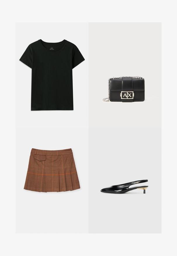 Juodas trumpomis rankovėmis T-marškiniai, pagaminti iš medvilnės. Su apvaliu kaklu ir iškilniu „Armani Exchange“ tekstu palei petį. Paprastas dizainas.; Ruda skirtinga su plyšiniu dizainu, oranžinėmis detalėmis ir šoniniu kišeniu. Pagaminta iš tekstūruoto audinio su prigludusia juosmens linija.; Juodos slingback aukštakulniai su pailgu pirštu, blizgi odinė apdaila ir mažas kulnas su auksiniu akcentu. Išmanus dizainas su atviru nugara.; Juodas odinis rankinukas su siuvinėtu raštu, sidabriniu grandinės dirželiu ir ryškiu sidabriniu "AX" logotipu priekyje. Kompaktiška stačiakampio formos.