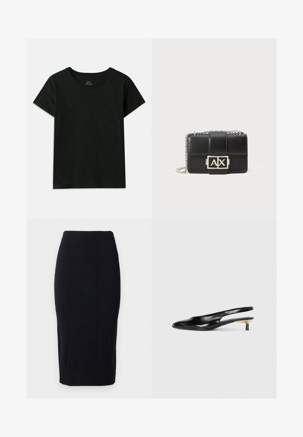 Fekete, rövid ujjú pamut póló. Kerek nyakú, az „Armani Exchange” felirat dombornyomott formában található a vállnál. Egyszerű dizájn.; Fekete, textúrált anyagból készült ceruzaszoknya, függőleges varrásokkal és testhez álló szabással. Diszkrét logóval a deréknál.; Fekete slingback pump, hegyes orral, fényes bőr felülettel és kis sarokkal, arany kiegészítéssel. Elegáns kialakítás nyitott háttal.; Fekete bőr kézitáska steppelt dizájnnal, ezüst lánccal, és egy kiemelkedő ezüst "AX" logóval az elején. Kompakt, téglalap alakú.