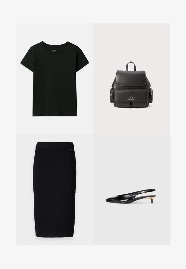 Černé tričko s krátkým rukávem vyrobené z bavlny. Má kulatý výstřih a vyražený text "Armani Exchange" podél ramene. Jednoduchý design.; Armani Exchange GONNA - Pouzdrová sukně - black; Černé slingback lodičky s špičatou špičkou, lesklým koženým povrchem a malým podpatkem se zlatým akcentem. Elegantní design s otevřenou zadní částí.; Černý kožený batoh s klopou, přední kapsou, bočními zipovými přihrádkami a horní rukojetí. Na přední straně je umístěno logo.