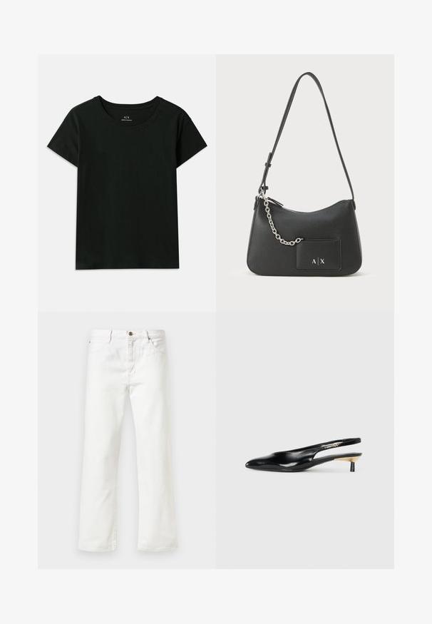 Camiseta negra de manga corta hecha de algodón. Presenta un cuello redondo y texto en relieve "Armani Exchange" a lo largo del hombro. Diseño simple.; Jeans de denim blanco con un diseño de pierna recta, que cuentan con un cierre de botón y estilo de cinco bolsillos. Textura suave y un diseño minimalista.; Zapato de tacón tipo slingback negro con punta afilada, acabado en cuero brillante y un pequeño tacón con un acento dorado. Diseño elegante con parte trasera abierta.; Bolso de hombro de cuero negro con un acabado texturizado, cierre de cremallera y un acento de cadena plateada. Cuenta con un bolsillo delantero con detalle del logo.