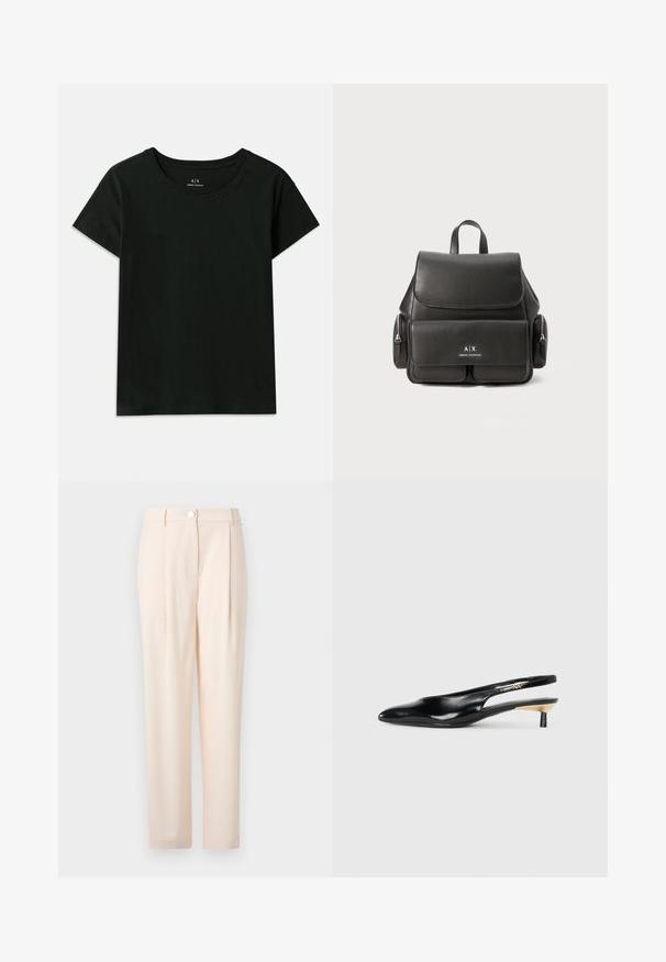 Camiseta negra de manga corta hecha de algodón. Presenta un cuello redondo y texto en relieve "Armani Exchange" a lo largo del hombro. Diseño simple.; Pantalones beige claro con un diseño entallado, que cuentan con un cierre frontal, tejido suave, forma de pierna recta y sin patrones ni acentos visibles.; Zapato de tacón tipo slingback negro con punta afilada, acabado en cuero brillante y un pequeño tacón con un acento dorado. Diseño elegante con parte trasera abierta.; Mochila de cuero negro con cierre de solapa, bolsillo frontal, compartimentos laterales con cremallera y asa superior. Presenta un detalle de logo en la parte frontal.