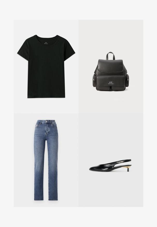 Svart kortermet T-skjorte laget av bomull. Har rund hals og preget "Armani Exchange"-tekst langs skulderen. Enkel design.; Høyt midjebelte blå jeans med rett ben-design, laget av denim. Funksjoner inkluderer subtil skrubbing og klassisk femlomme-styling.; Sorte slingback pumps med spiss tå, glanset skinnfinish og en liten hæl med gullakcent. Elegant design med åpen bak.; Svart skinnryggsekk med klafflukkning, frontlomme, sidelommer med glidelås og et håndtak på toppen. Har logo-detaljer på forsiden.